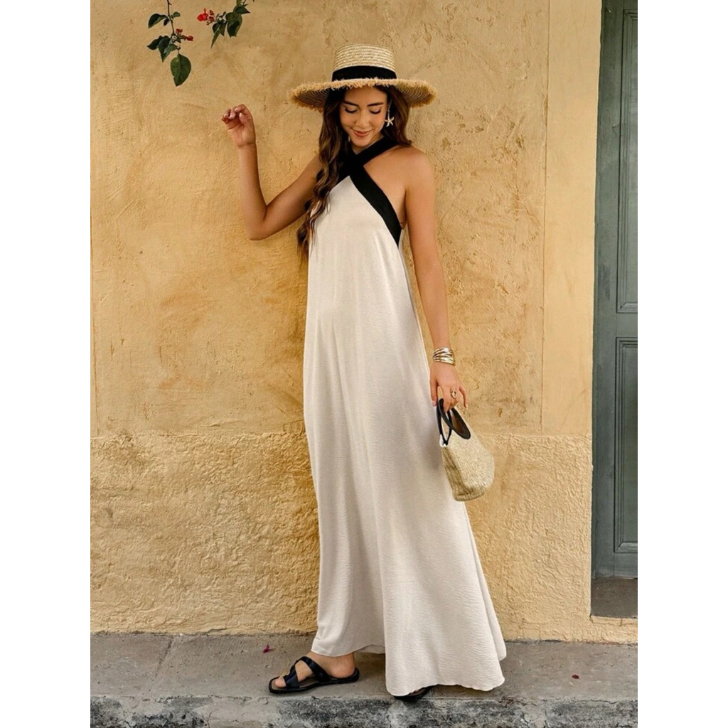 Woven Strapless Dress : Khaki