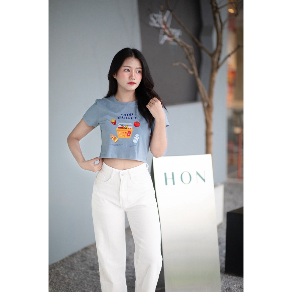 เสื้อครอป Crop ฟ้า🥣Food market🍅 ผ้าคอตตอน(ลายเฉพาะทางร้าน)