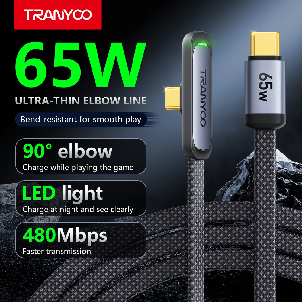 TRANYOO CC3 สายชาร์จเกม 90° สำหรับเล่นเกม 30W Ligh&ning 65W Type-C ยาว 1.2 เมตร