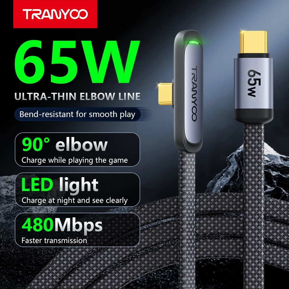 TRANYOO CC3 สายชาร์จเกม 90° สำหรับเล่นเกม 30W Ligh&ning 65W Type-C ยาว 1.2 เมตร - รูปที่ 1