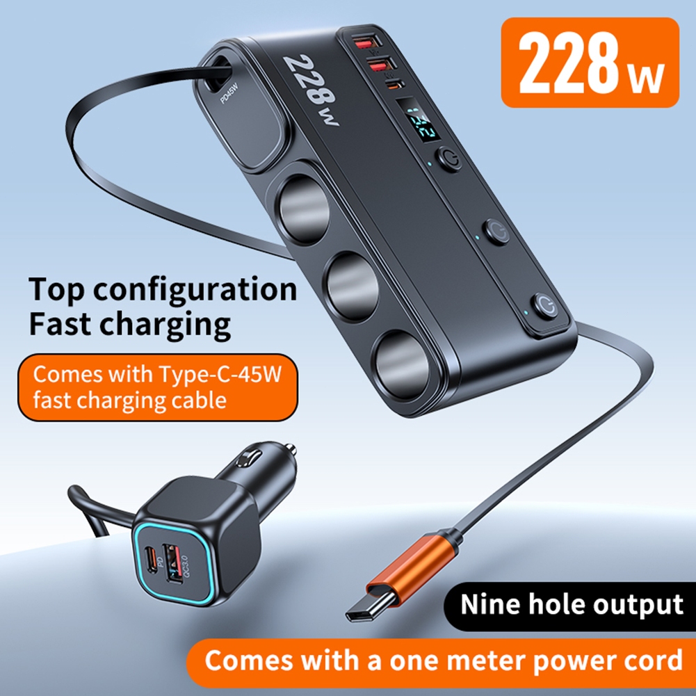 228W 9 in 1 รถยนต์ที่ชาร์จอะแดปเตอร์ค่าใช้จ่ายสวิตช์อิสระ DC Outlet PD 3 ซ็อกเก็ตบุหรี่ตัวแยกไฟแช็ก