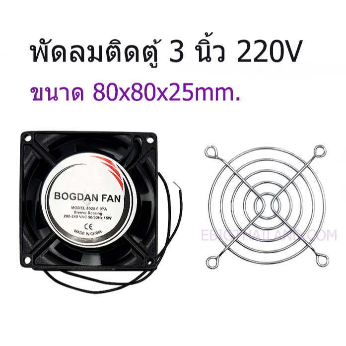 พัดลมระบายอากาศติดตู้ 3 นิ้ว 220V ขนาด 80x80x25mm.
