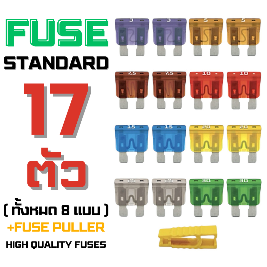 ชุดฟิวส์ Standard ATO 17 Piece Automotive Car Fuse Set of 17 ATO Blade Fuses 3A 5A 7.5A 10A 15A 20A 25A 30A + FusePuller