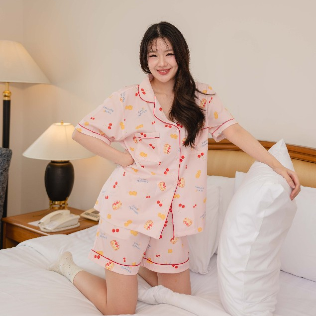 ชุดนอน Dreambloom - Pink with Pancakes and Cherry ขาสั้น