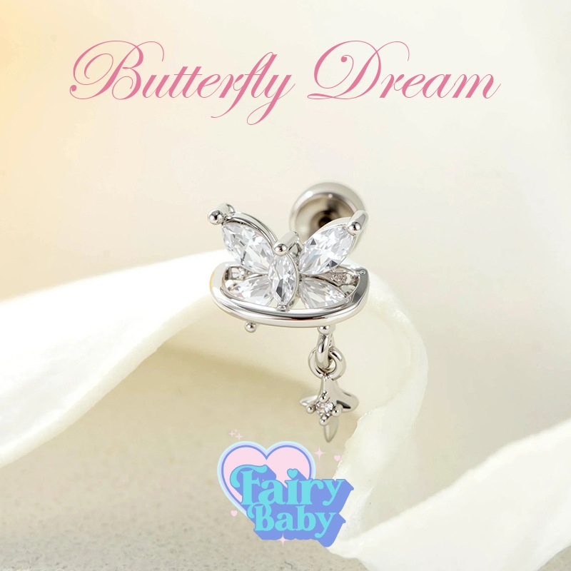 Fairybaby จิว Butterfly Dream ( 1 ชิ้น ) แป้นแบน รูปผีเสื้อ เพชรสีขาว เล่นแสง สวยงาม หนา 0.8 ยาว 6 mm (J3-016)