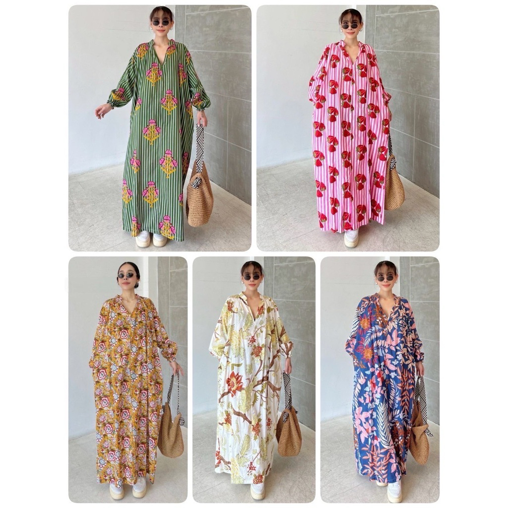 lSSARA (IC25-D365-1) เดรสผ้าคอตตอนอินเดีย ทรงปล่อยฟรีไซส์ ดีไซน์คอวีหน้า /อก64นิ้ว/ผู้ใหญ่/