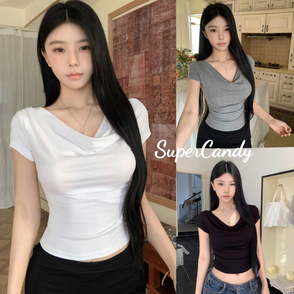 SuperCandy🌷เสื้อยืดผู้หญิงคอหลายแบบ ผ้ายืดหยุ่น ดีไซน์รัดรูปโชว์เส้นสาย สไตล์เซ็กซี่ เน้นสัดส่วนสวยงาม