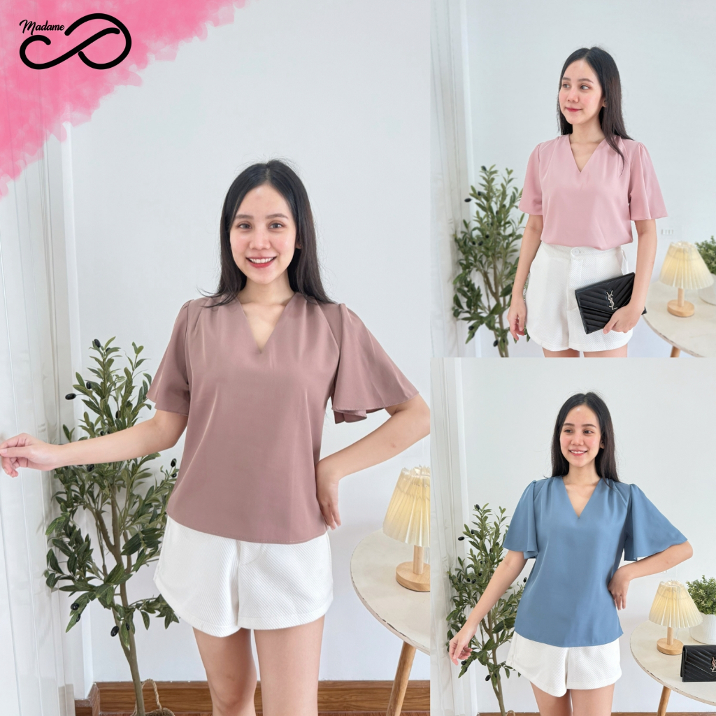 Madame proud เสื้อคอวี แขนสั้น ไหล่จีบ สวยหรู ดูแพง สุภาพ เหมาะกับทุกโอกาส งานป้าย proud by up