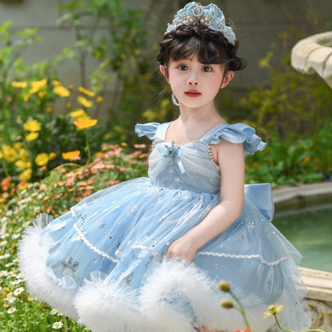 ชุดเจ้าหญิงเด็กผู้หญิง ชุดเอลซ่า สีฟ้า ฟูมาก โบว์ใหญ่ที่ด้านหลัง สำหรับวันเกิด ออกงาน งานเทศกาล Frozen คอสเพลย์