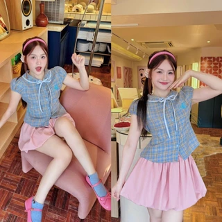🇹🇭มีส่งด่วน🇹🇭 เสื้อลายจุด คอบัว ผ้าครัช #FF147