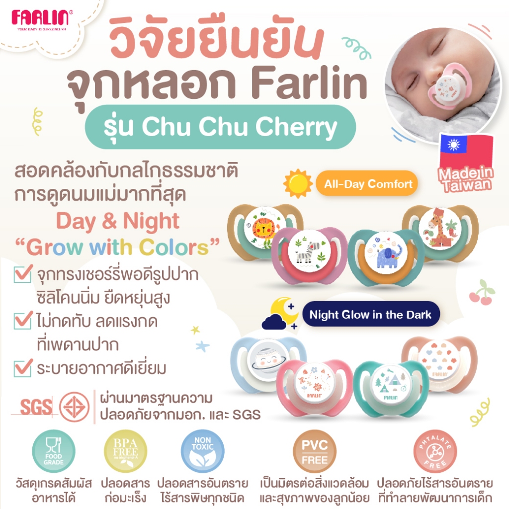 (มีมอก.)  จุกหลอก Farlin Chu Chu Cherry รุ่น Day/Night นิ่มสบาย หลับสนิท ลด Overfeeding (0,6,12 m+)
