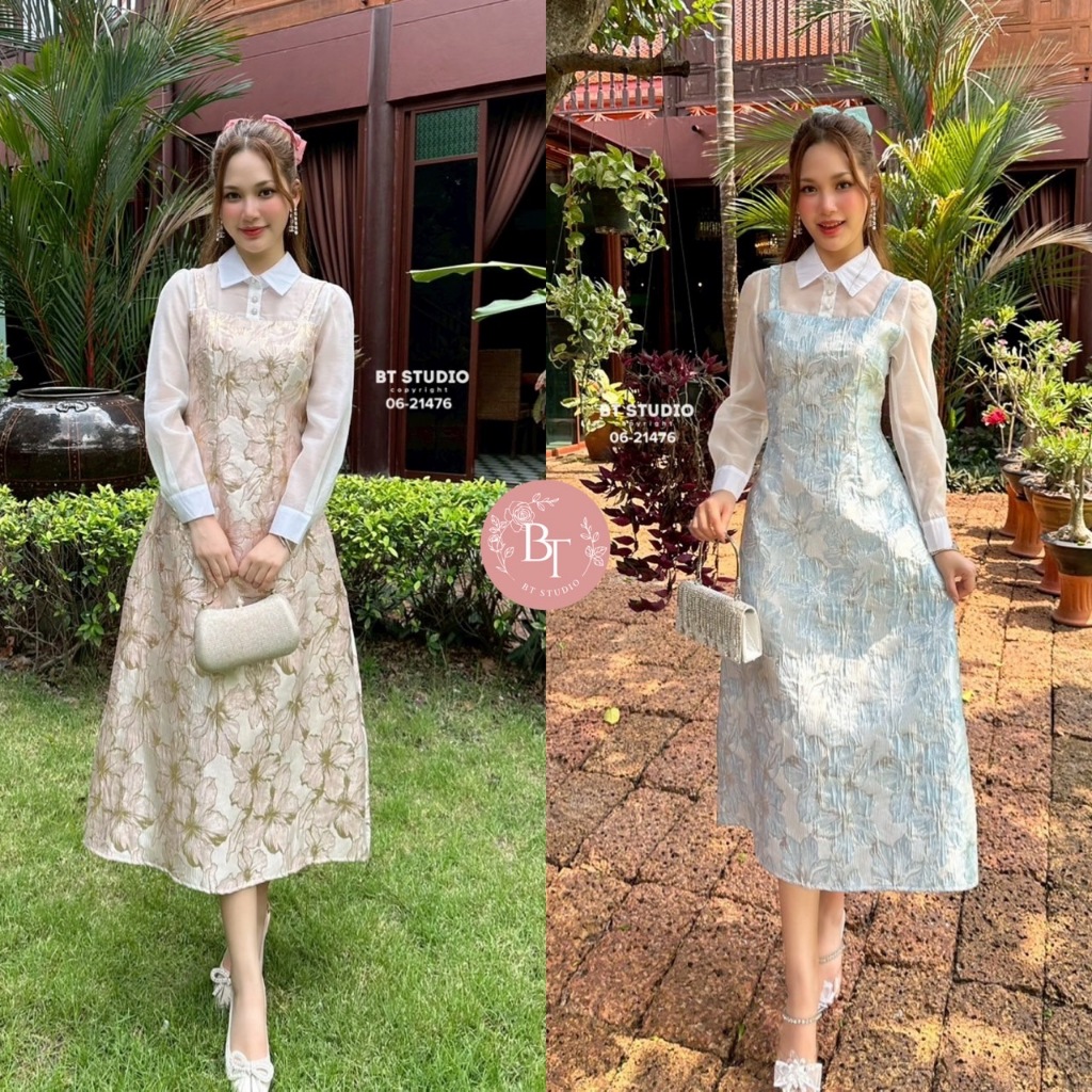 BT 06-21476 ชุดเดรส กระโปรงผ้าแจ็คการ์ด ทอลายสวยชัด งานสวยเนื้อผ้าดี คัตติ๊งเป๊ะ ชุดเดียวจบทุกลุค!!