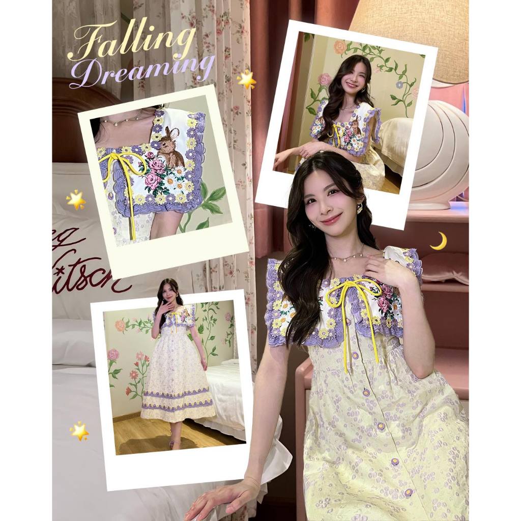 B647 BLT BRAND เดรสยาวสีเหลือง ปักลายกระตาย กระดุมหน้า ชุดเที่ยวคาเฟ่ ออกงาน เดรสผู้หญิง