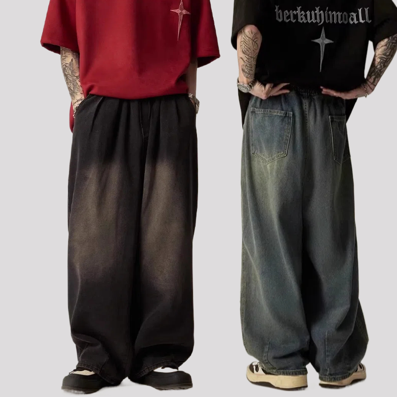 🔆ManDenim🔆กางเกงยีนส์ทรงหลวมขากว้างสไตล์ย้อนยุคอเมริกันสำหรับผู้ชาย กางเกงขายาวทรงหลวมแบบไล่เฉดสีซักได้หลากหลายไซส์5XL