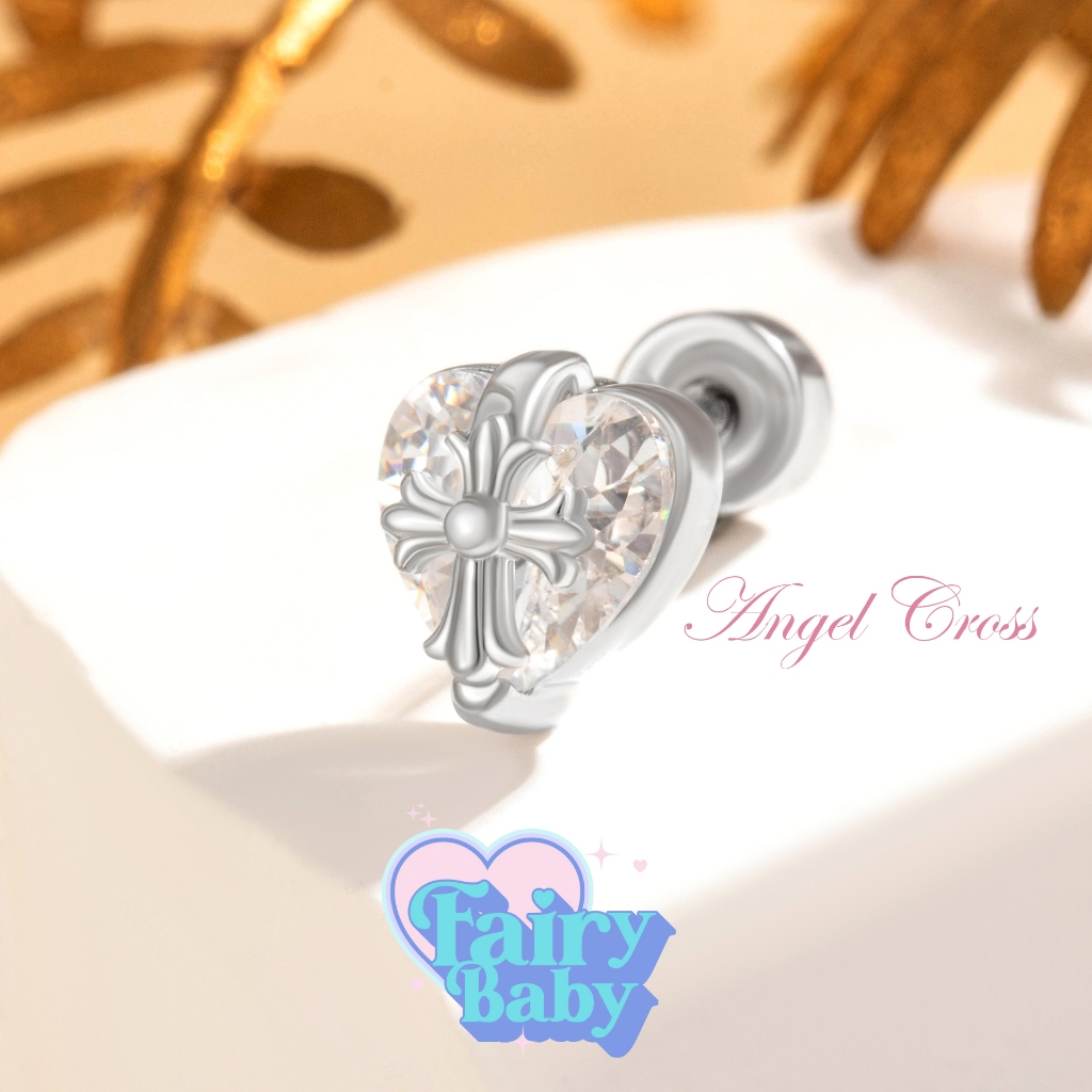 Fairybaby จิว Angel Cross (1 ชิ้น) แป้นแบน จิวหู หัวใจ ไม้กางเขน เท่ คูล หนา 0.8 ยาว 6 mm