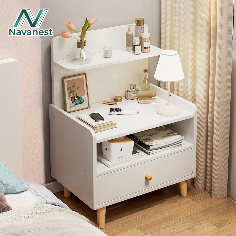 Navanest ตู้ข้างเตียง โต๊ะข้างเตียง พร้อมแร็ค ดีไซน์สวย ทันสมัย ทำจากไม้แท้ ทนทาน ที่เก็บของอเนกประส