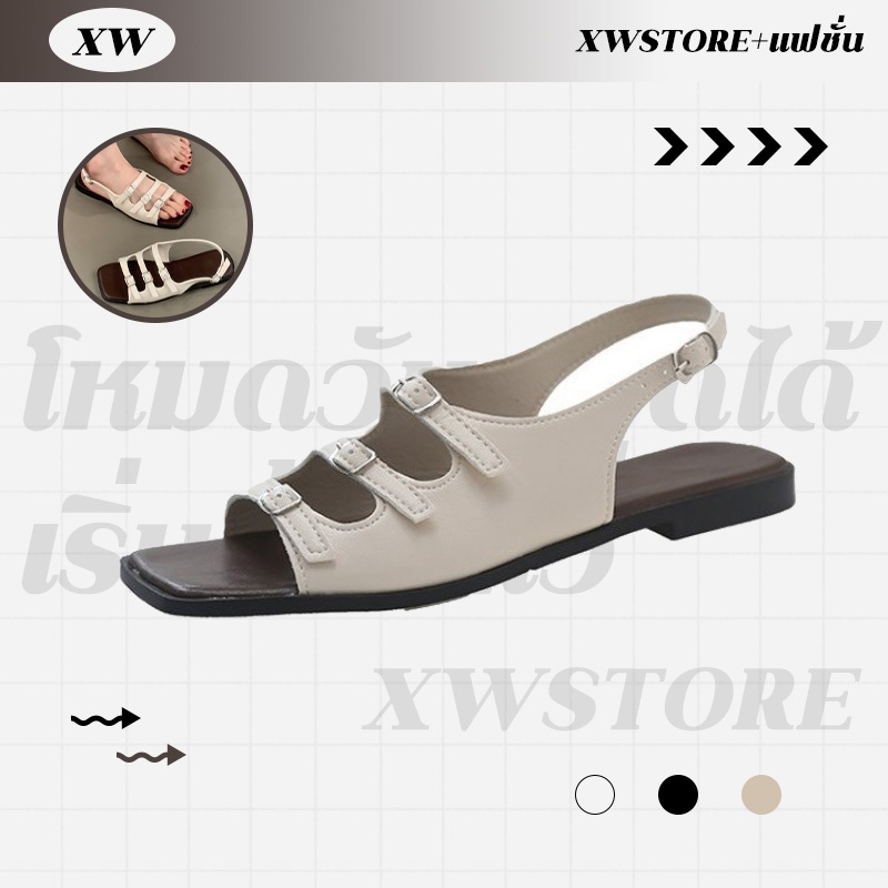 XWshopee งานปัง รองเท้าแตะรัดส้นผู้หญิง สไตล์วินเทจเรียบง่าย สีสวยทุกสีแมทช์ง่ายมาก พื้นนิ่มสวมสบาย แต่งสายคาดสวยๆรุ่นนี