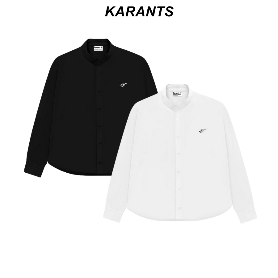 Karants เสื้อเชิ้ตสีพื้นคอจีน โลโก้โลหะ แขนยาว ทรง Boxy ผ้า Cotton เย็น เกรดพรีเมียม KR243 สำหรับผู้