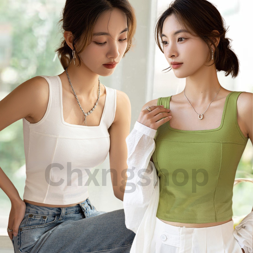 เสื้อกล้ามครอปคอเหลี่ยม B-072 ผ้าฝ้าย ใส่สบาย ผ้าดียืดหยุ่นได้ดี เก็บทรงสวย เสื้อกล้ามมีบราในตัว พร้อมส่ง