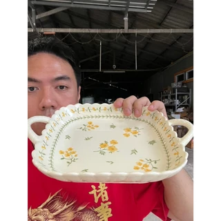 จานเซรามิกแบบมีหูจับ สี่เหลี่ยมขนาด 25x20cm ลายดอก ออกใบกำกับภาษีได้