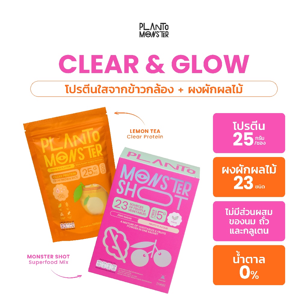 Planto Monster: Clear and Glow Set เซทโปรตีนใสจากข้าวกล้อง รสชามะนาว และ ผงผักผลไม้ สูตรบำรุงผิว