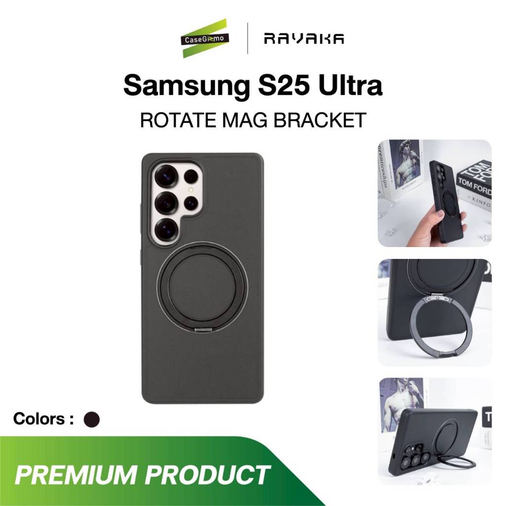 RAVAKA รุ่น S25 Ultra เคสพร้อมขาตั้ง เคสรองรับชาร์จไร้สาย สัมผัสแมท สีดำ Rotate Mag Bracket