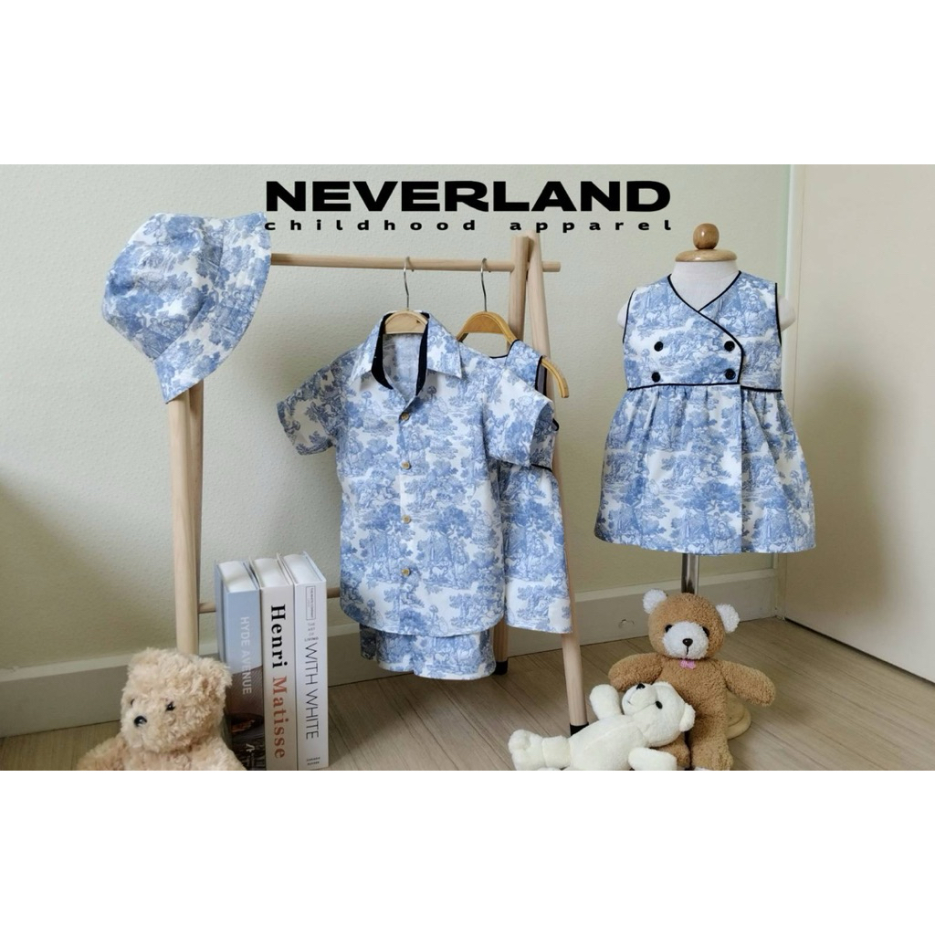 NEVERLAND ชุดคู่ลูกชาย & ลูกสาว (ไม่รวมหมวก) พิมพ์ลาย toile de jouy สีฟ้า ผ้า Cotton 100%
