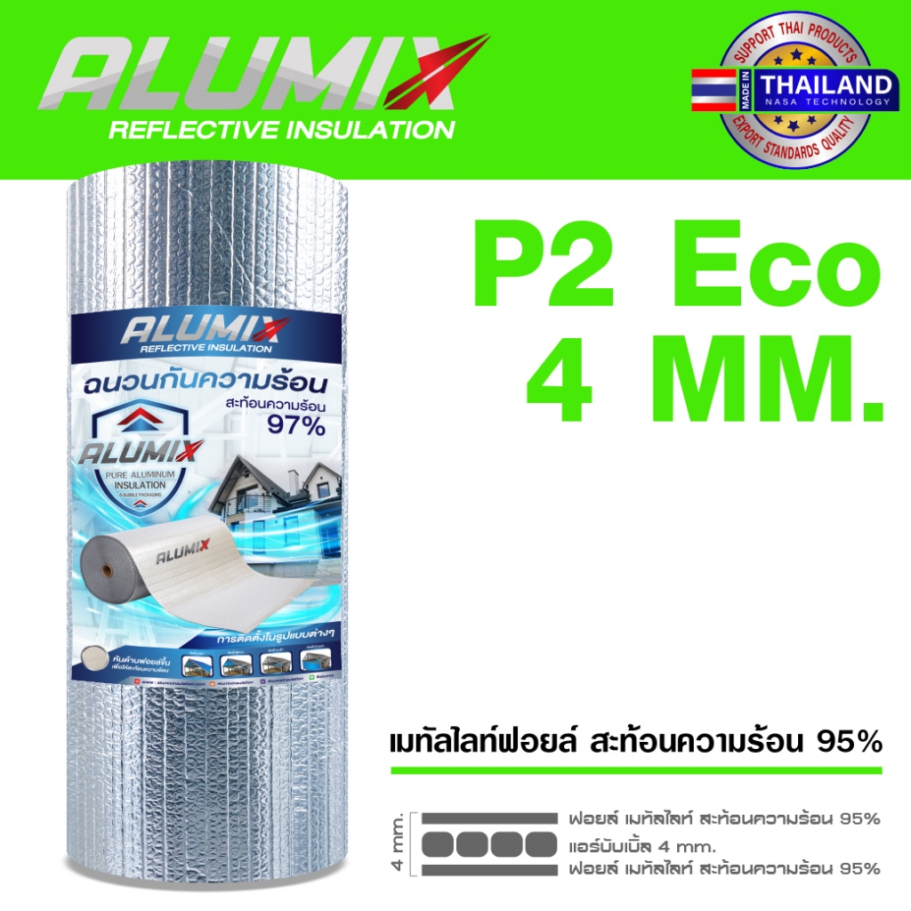 ส่งฟรี ฉนวนกันความร้อน Alumix P2 (ม้วน) เมทัลชีทฟอลย์ กันความร้อน 2 ด้าน สะท้อนความร้อน95% หนา 4 มม.