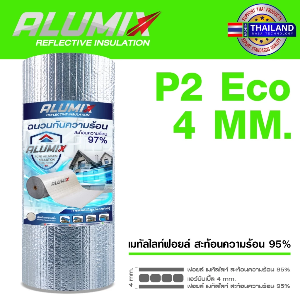 ส่งฟรี ฉนวนกันความร้อน Alumix P2 (ม้วน) เมทัลชีทฟอลย์ กันความร้อน 2 ด้าน สะท้อนความร้อน95% หนา 4 มม.