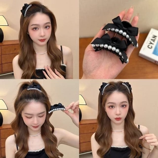 พร้อมส่ง!🇹🇭 ราคา/คู่ กิ๊บโบว์ผ้าประดับมุก รุ่น Pearl Bow โบว์สีดำมุก สไตล์ลูกคุณหนู เนื้องานเกาหลี เกรดพรีเมี่ยม คุณภาพ