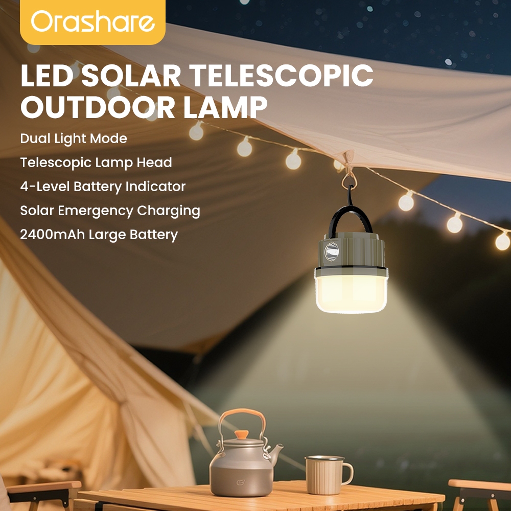 Orashare OL15 ไฟตั้งแคมป์พลังงานแสงอาทิตย์ 2400mAh LED แบบชาร์จไฟได้ IPX5 กันน้ำ โคมไฟฉุกเฉินแบบพกพา