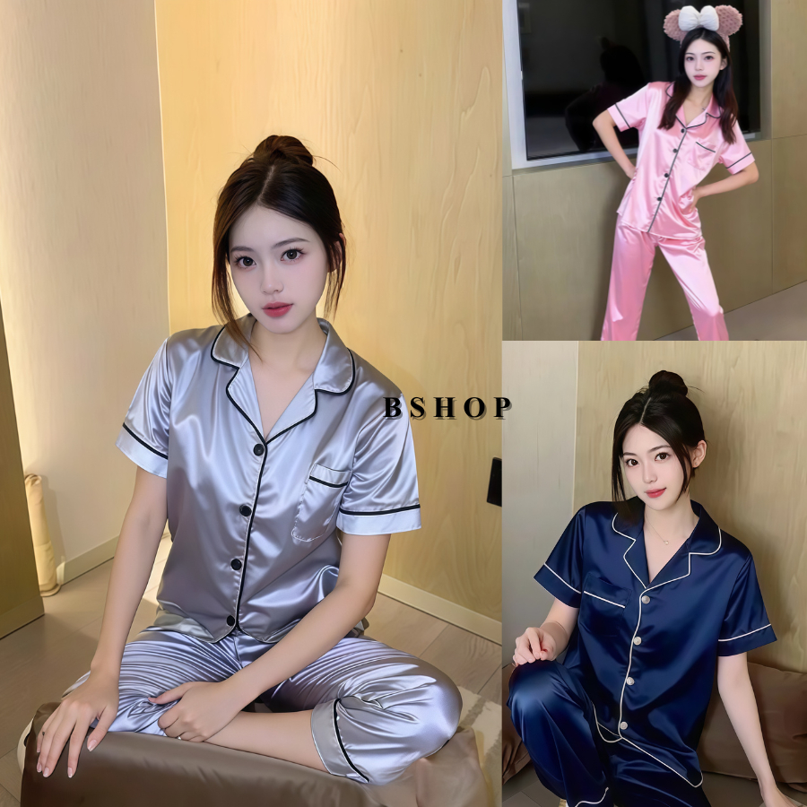 Bshop ชุดนอนผ้าซาติน แขนสั้นขายาว ใส่สบาย รุ่น S612