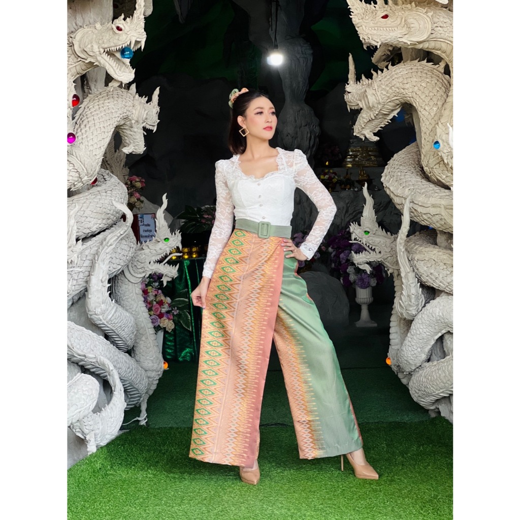 กระเปงลายสาวิตรี (กระโปรงกางเกง) กระเปงผ้าไทย เอวสูง พร้อมหัวเข็มขัด ผ้าไหมแกมฝ้าย ทอลาย อัดกาว