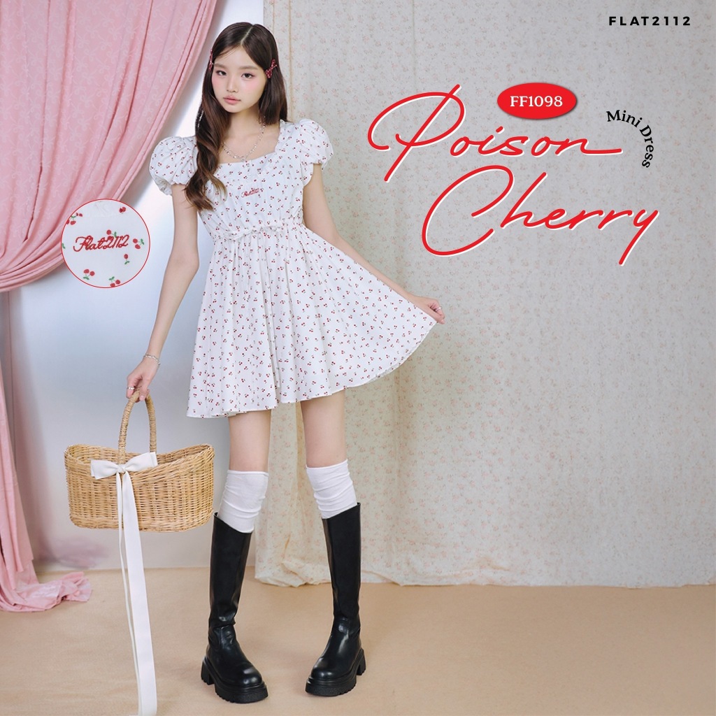 FLAT2112 FF1098 : POISON CHERRY MINI DRESS เดรสสั้น ใส่สบาย เดรสลายเชอรี่สุดเก๋ ชุดไปเที่ยว