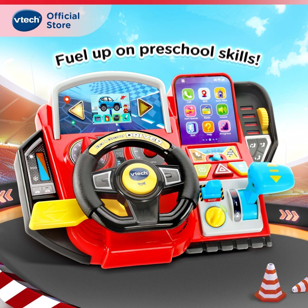 VTech ไดร์เวอร์แข่งขันและค้นพบ ซิมูเลเตอร์ รถยนต์ ยานพาหนะ เกมอิเล็กทรอนิกส์, Race & Discover Driver 80-558900