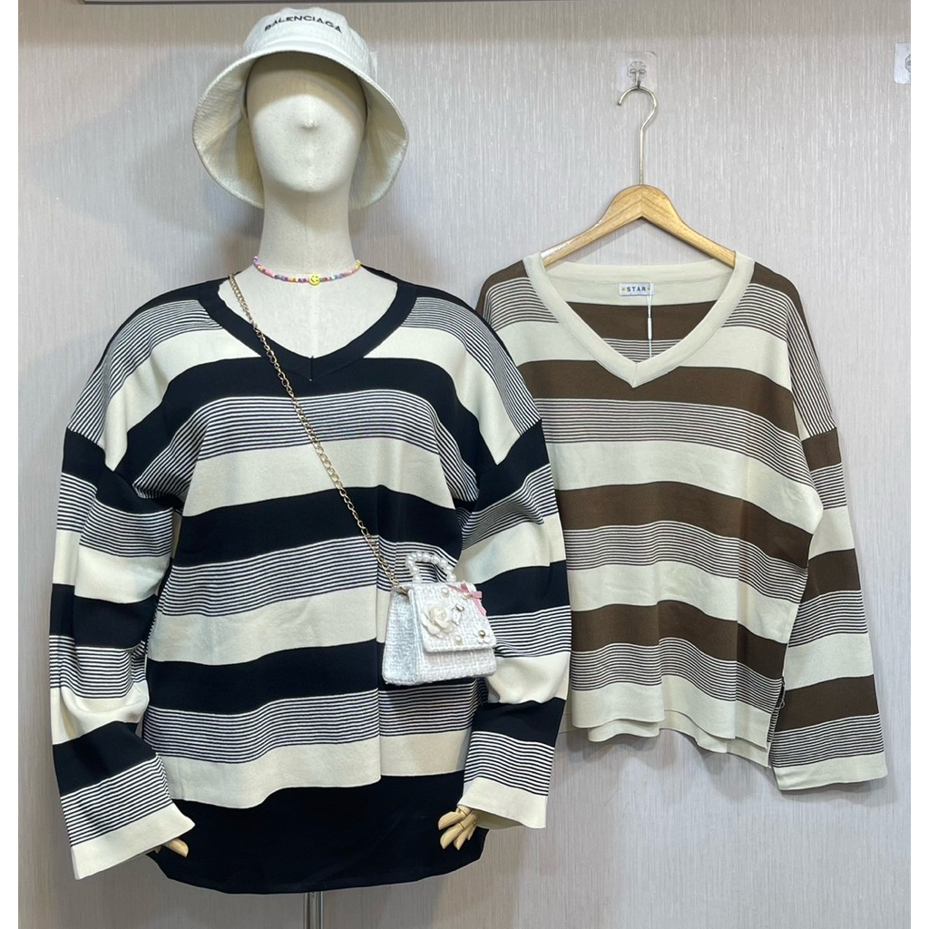 STAR เสื้อไหมพรมนิตติ้งคอวีแขนยาวทอลายริ้วสาวอวบ สีดำขาวและน้ำตาลเข้ม