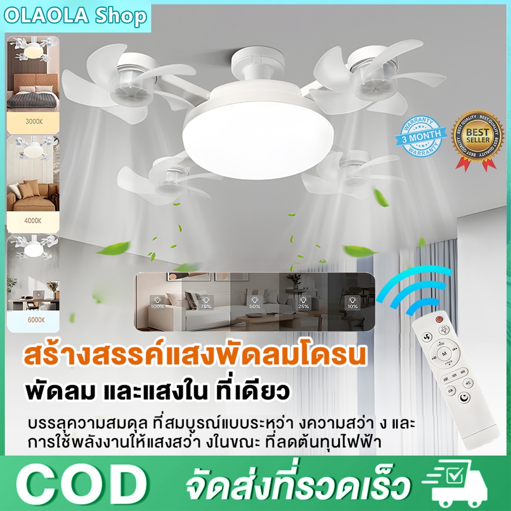 ไฟพัดลมโดรน พัดลมเพดาน พร้อมโคมไฟLED ขั้วE27 ควบคุมระยะไกลผ่านรีโมทคอนโทรล รุ่น