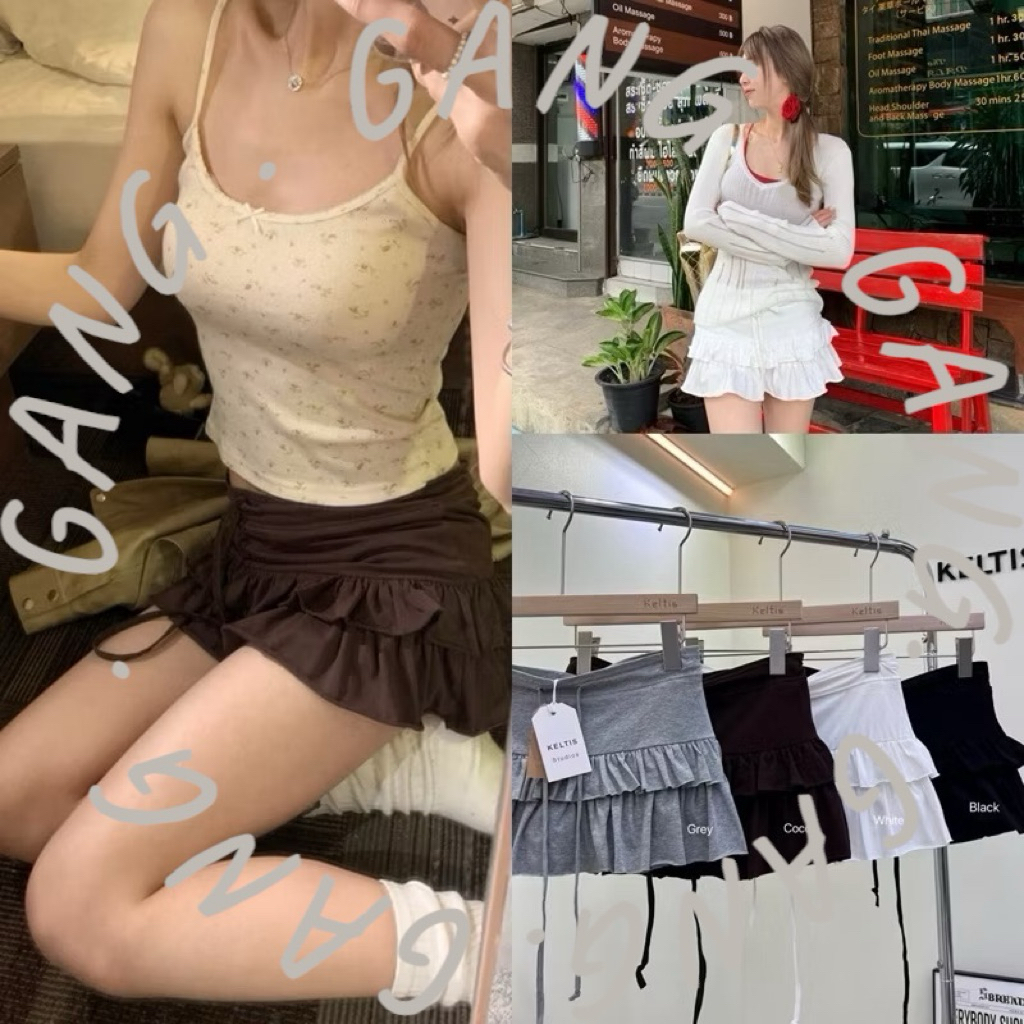 Gang_jeans#725(K)กระโปรงสั้นเอวสูงเชือกหน้า ทรงชั้นเค้ก ระบาย2ชั้น มีซับใน เอวยางยืด ผู้หญิง พร้อมส่ง