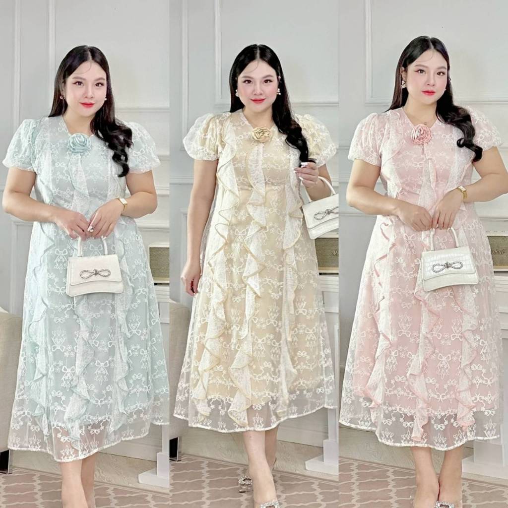 ชุดเดรสยาวสาวอวบ ผ้าชีฟอง รีดเพชรทั้งชุด มีไซส์ 40-48นิ้ว งานพรีเมียม #DANNY_BigSize_Shop (696)