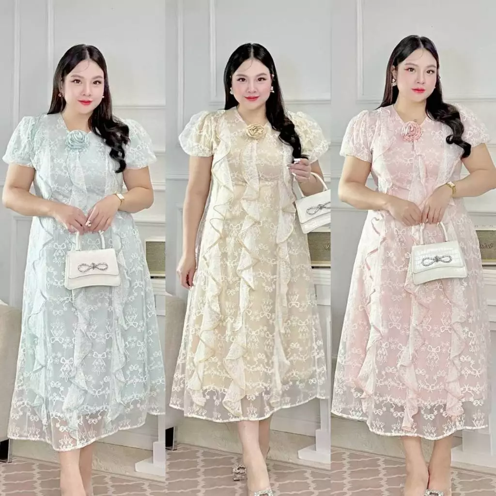 ชุดเดรสยาวสาวอวบ ผ้าชีฟอง รีดเพชรทั้งชุด มีไซส์ 40-48นิ้ว งานพรีเมียม #DANNY_BigSize_Shop (696)
