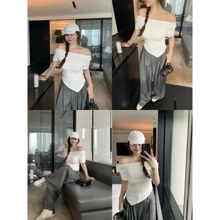 CiCi Plus+(J2198) เสื้อปาดไหล่สีพื้น ผ้าเรยอน จั้มเอว ดีเทลแต่งปลายเฉียงข้างเก๋ไม่ซ้ำใคร สไตล์สาวพลัสไซส์