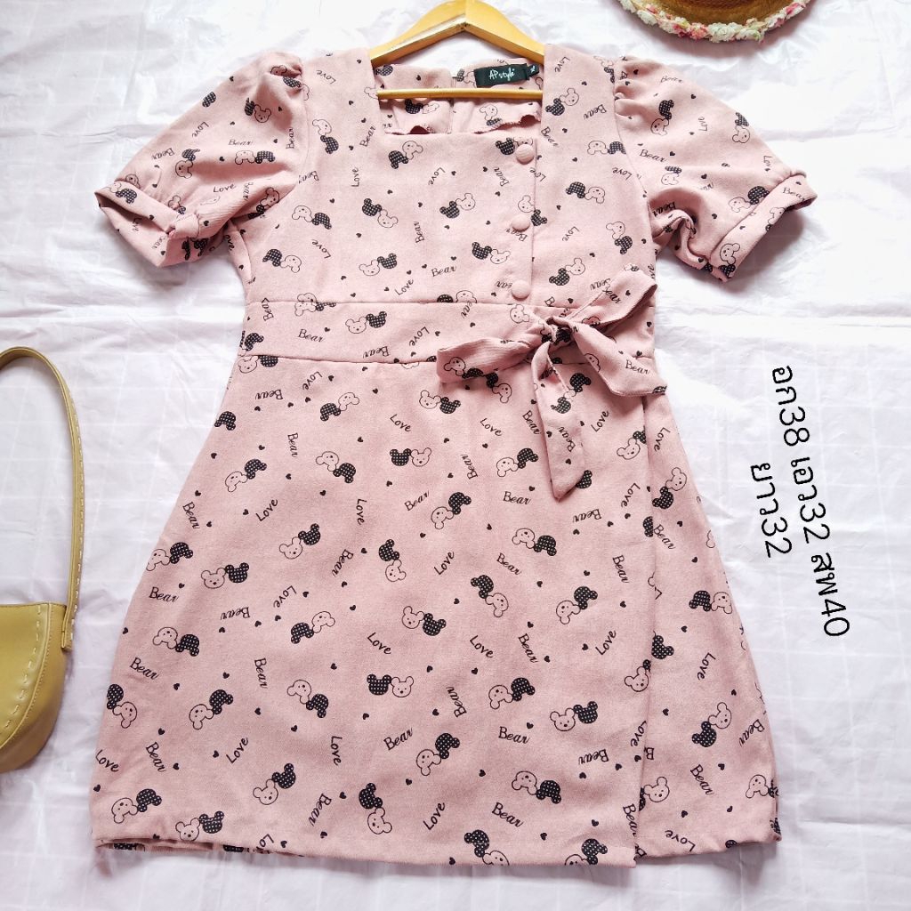 AP STYLE เดรสสีชมพูลายน้องหมีผ้าลูกฟูกบาง size XL