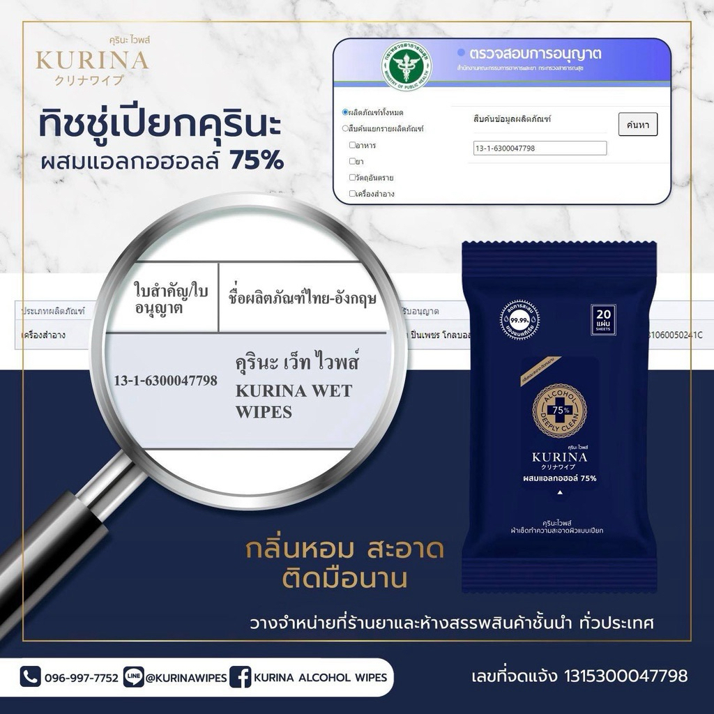 (พร้อมส่ง) คุรินะทิชชู่เปียกฆ่าเชื้อโรคผสมแอลกอฮอล์75% จำนวน 12 แพ็ค ราคา ถูกที่สุด ดีลบีเคเค แกลเลอรีภาพที่ 8