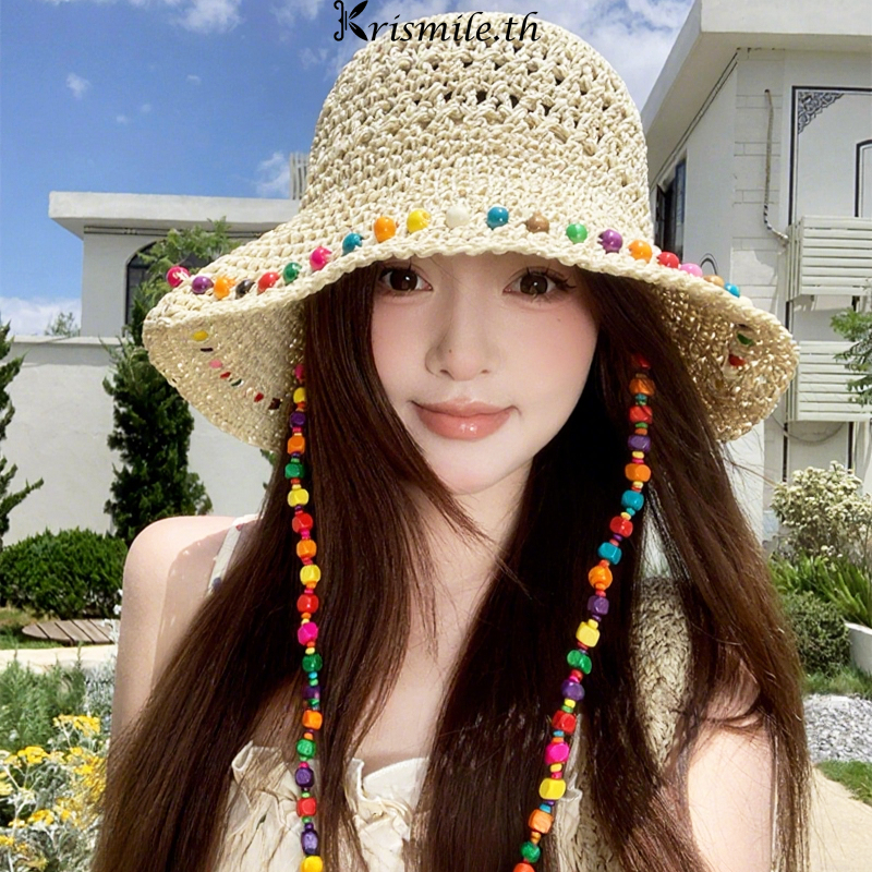 COD-ในไทย💖หมวกกันแดดชายหาดแฟชั่น ลูกปัดไม้หลากสี วันหยุดพักผ่อนหมวกฟางกลวง ปีกหมวกกว้าง ผู้หญิงที่Kri