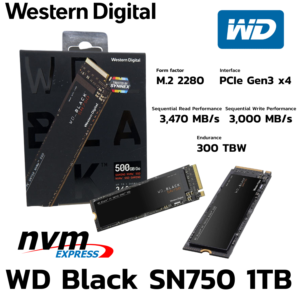 WD BLACK SN750 1 TB SSD (เอสเอสดี) PCIe/NVMe M.2 2280 (WDS100T3X0C)