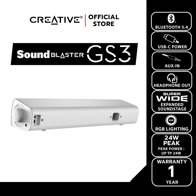 CREATIVE SPEAKER Sound Blaster GS3  สีขาว ลำโพงเกมมิ่งซาวด์บาร์พร้อมไฟ RGB พลังเสียง SuperWide™ technology thumbnail 3