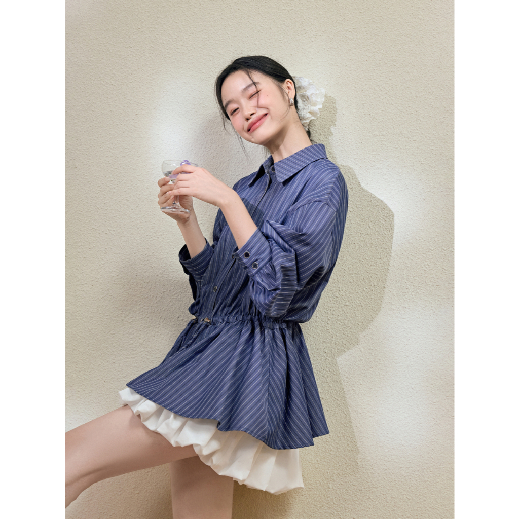 [Preorder] KUOSE : Striped Drawstring Waist Blouse