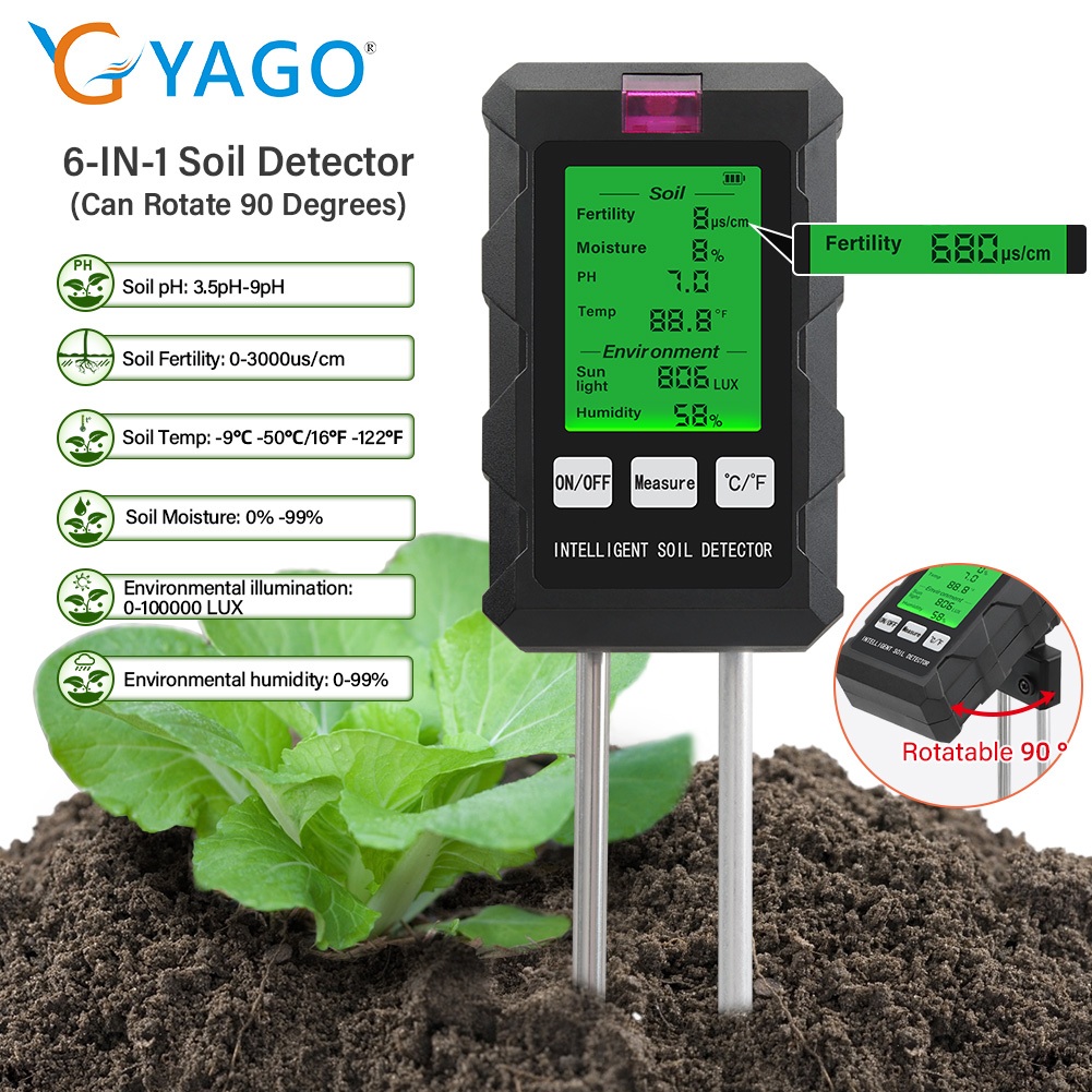 RCYAGO 6 in 1 pH สำหรับสวน Fertility Analyzer เครื่องวัดความชื้นในดินเครื่องวัดอุณหภูมิ แสง ความชื้น