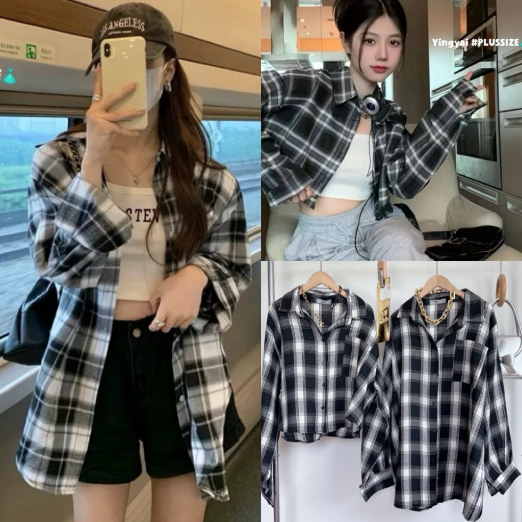 เชิ้ตมาใหม่ เชิ้ต oversize ผ้าสก็อตดำ แมทช์ง่าย(ทรงครอป/แบบยาว) ไซส์ใหญ่ สาวอวบYY