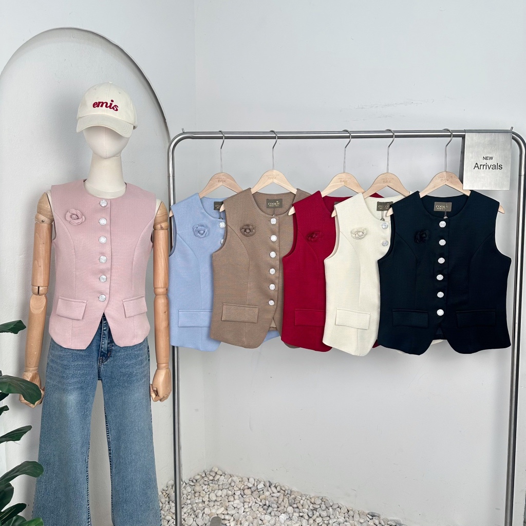 Mook_shop เสื้อทวิตคอกลมแขนกุด มีเข็มกลัดดอกไม้ เสื้อผ้าแฟชั่น